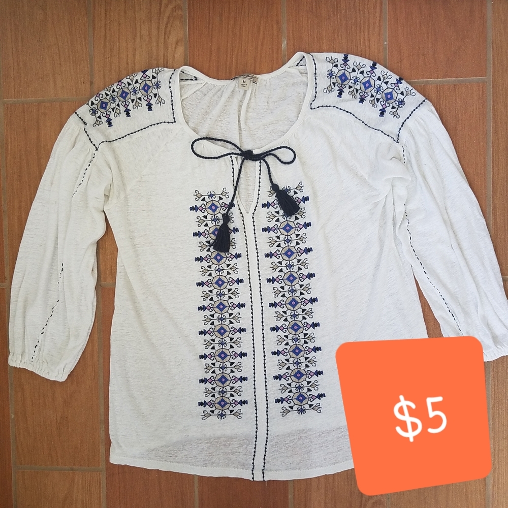Lucky Brand White/Blue Peasant Blouse, Med.